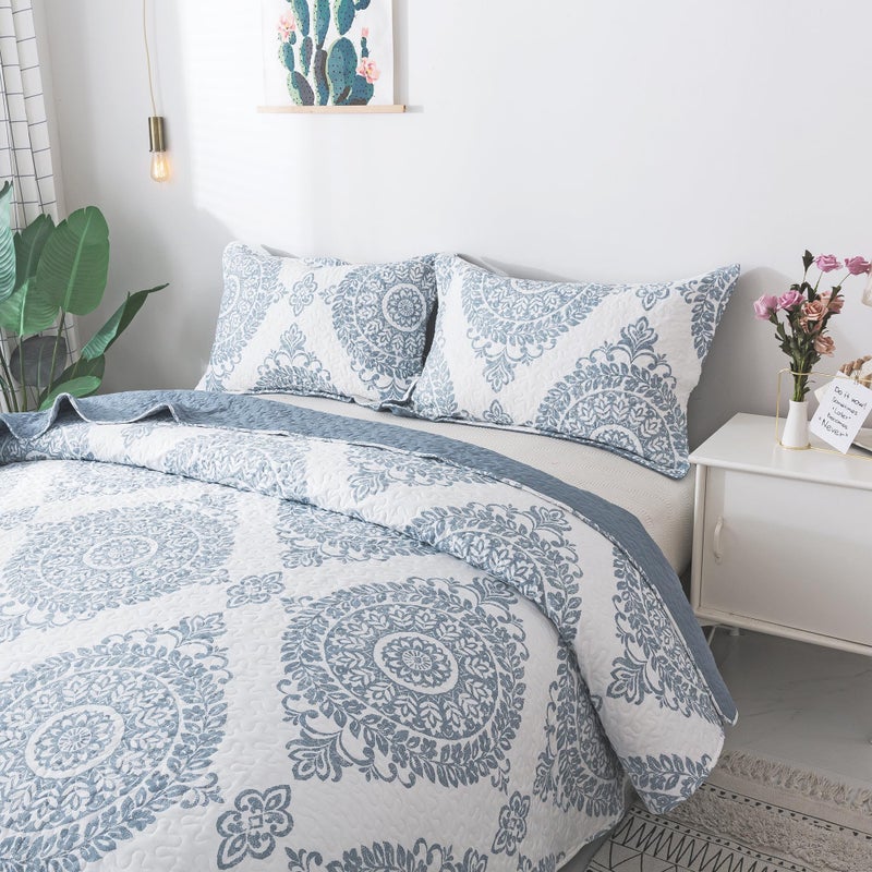 Travan 3-Piece Quilt Set Quilted Bedspread Lightweight Coverlet Set Floral Printed Oversized Quilted Bedding Set with Shams for All Season, Blue Floral, Queen Size - Image 3